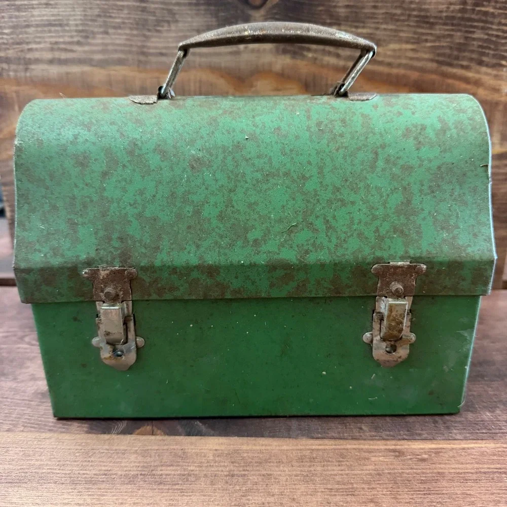 Vintage Antique Green Metal Dome Top Lunch Box Pail Star Embossed Patented 1920s